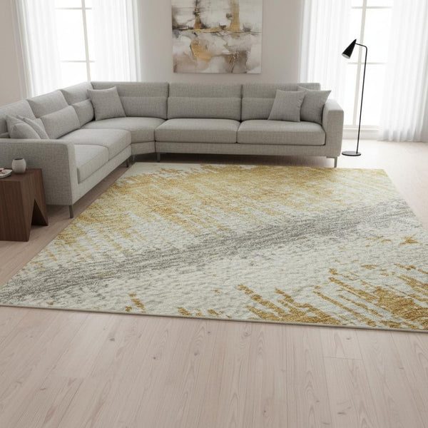 HomeRoots 10' Striped Washable Area Rug in Gold, Gray & Ivory – Durable, UV Protected for Homes with Kids & Pets 679510