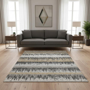 HomeRoots 5' X 8' Washable Gray Silver Charcoal Striped Area Rug with UV Protection for High-Traffic Areas 679512