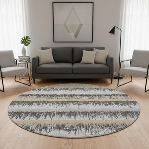 HomeRoots 8' Washable Round Rug in Gray, Silver & Charcoal Stripes - UV Protected, Durable for Family Spaces 679513