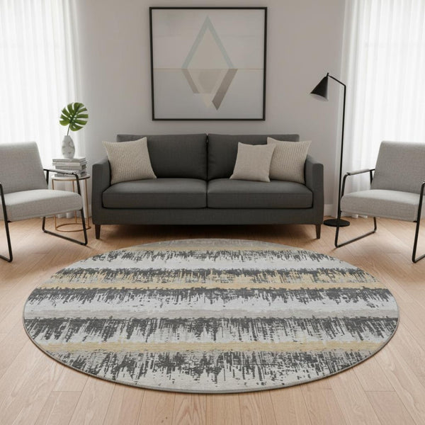 HomeRoots 8' Washable Round Rug in Gray, Silver & Charcoal Stripes - UV Protected, Durable for Family Spaces 679513