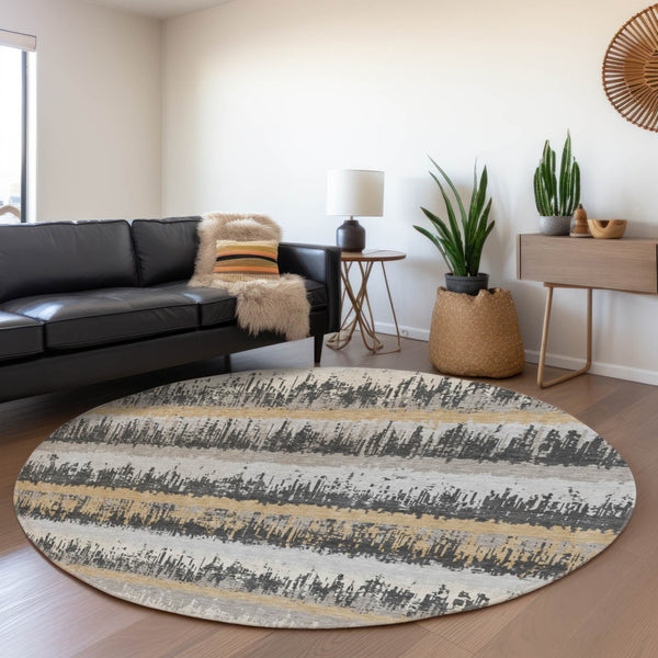 HomeRoots 8' Washable Round Rug in Gray, Silver & Charcoal Stripes - UV Protected, Durable for Family Spaces 679513