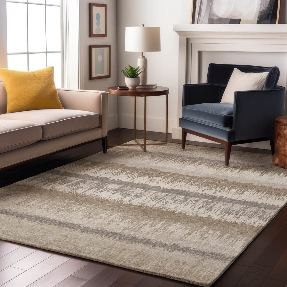 HomeRoots 5' X 8' Ivory Beige and Gray Striped Area Rug – Durable, Washable, Stain-Resistant, UV Protected! 679518