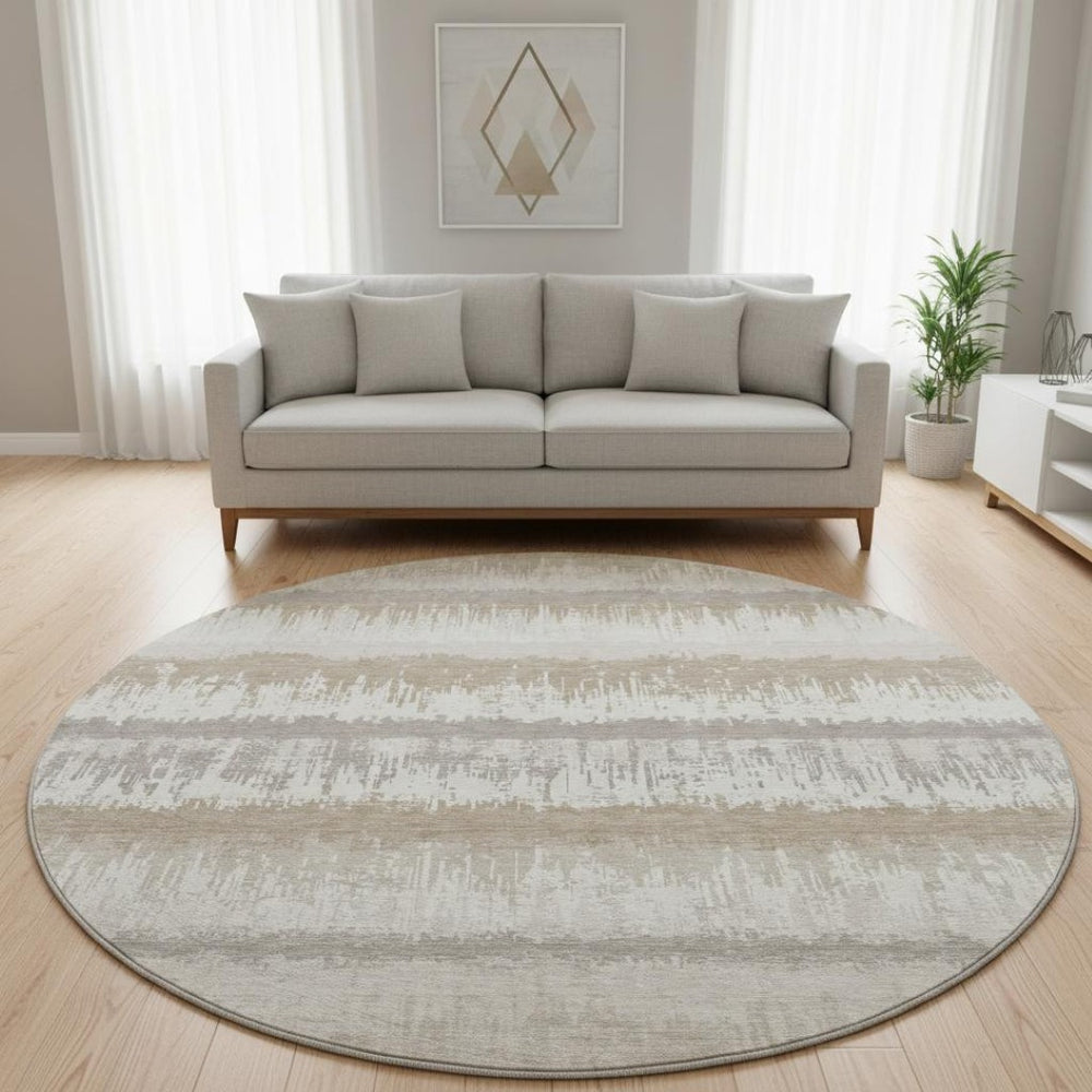 HomeRoots 8' Striped Round Rug in Ivory, Beige & Gray - Washable, Stain Resistant, UV Protected for Homes 679519