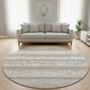 HomeRoots 8' Striped Round Rug in Ivory, Beige & Gray - Washable, Stain Resistant, UV Protected for Homes 679519