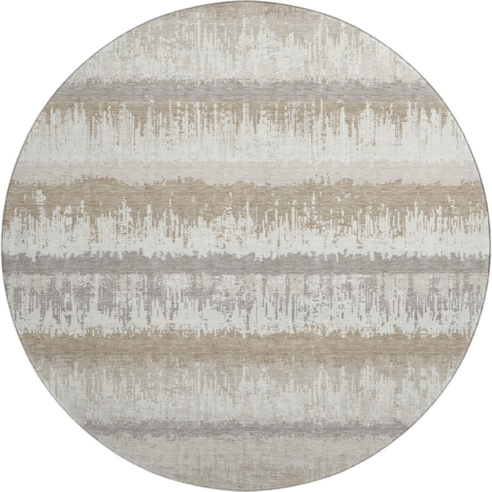 HomeRoots 8' Striped Round Rug in Ivory, Beige & Gray - Washable, Stain Resistant, UV Protected for Homes 679519
