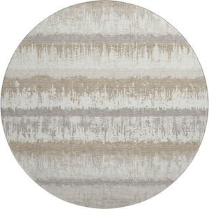 HomeRoots 8' Striped Round Rug in Ivory, Beige & Gray - Washable, Stain Resistant, UV Protected for Homes 679519