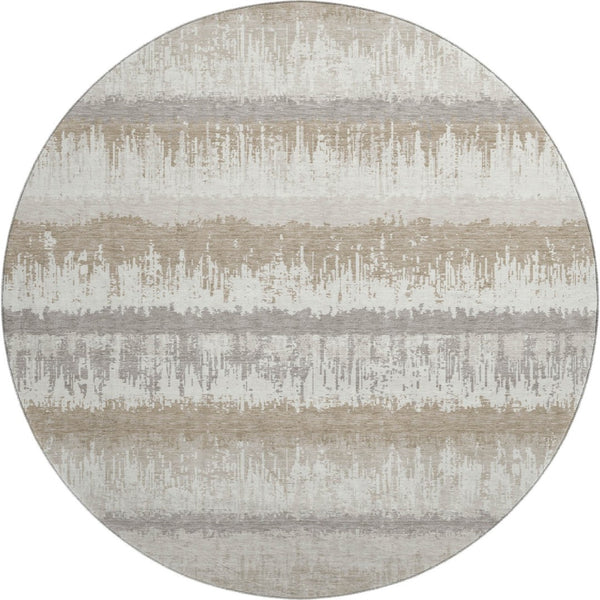 HomeRoots 8' Striped Round Rug in Ivory, Beige & Gray - Washable, Stain Resistant, UV Protected for Homes 679519