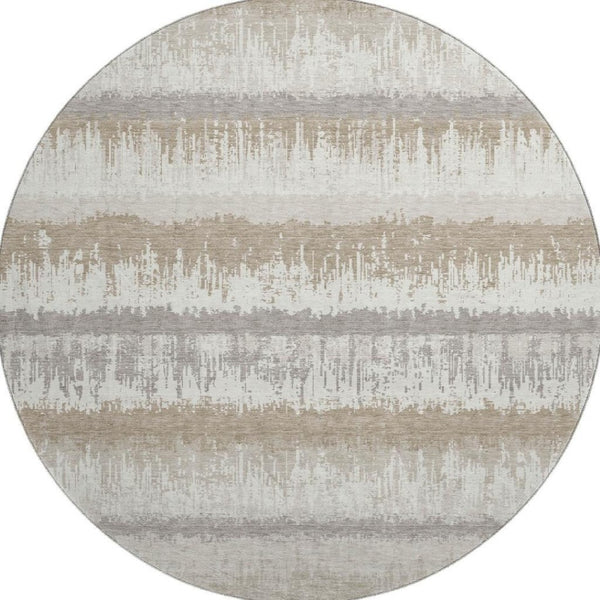 HomeRoots 8' Striped Round Rug in Ivory, Beige & Gray - Washable, Stain Resistant, UV Protected for Homes 679519