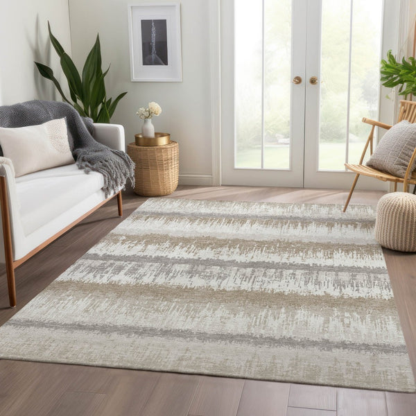 HomeRoots 10' X 14' Elegant Ivory Beige & Gray Striped Washable Area Rug with UV Protection for Busy Homes 679522