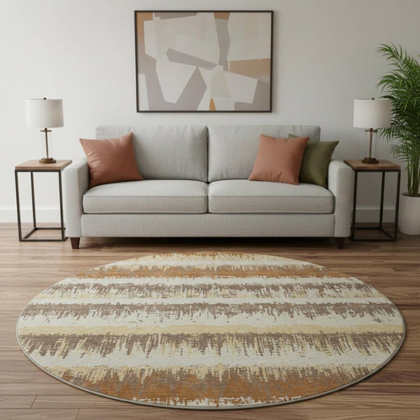 HomeRoots 8' Coffee Beige and Copper Striped Washable Round Rug - UV Protected, Durable, Easy Care for Homes 679525