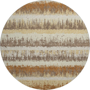 HomeRoots 8' Coffee Beige and Copper Striped Washable Round Rug - UV Protected, Durable, Easy Care for Homes 679525