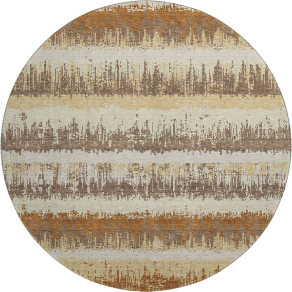HomeRoots 8' Coffee Beige and Copper Striped Washable Round Rug - UV Protected, Durable, Easy Care for Homes 679525