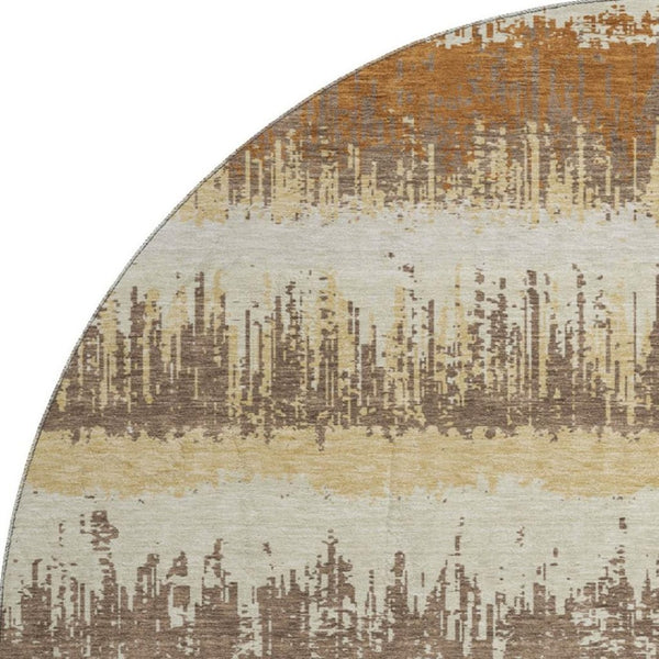 HomeRoots 8' Coffee Beige and Copper Striped Washable Round Rug - UV Protected, Durable, Easy Care for Homes 679525