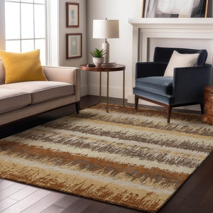 HomeRoots 9' X 12' Stylish Coffee Beige & Copper Striped Area Rug - Washable, UV Protected & Stain Resistant! 679527