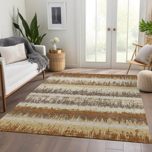 HomeRoots 9' X 12' Stylish Coffee Beige & Copper Striped Area Rug - Washable, UV Protected & Stain Resistant! 679527