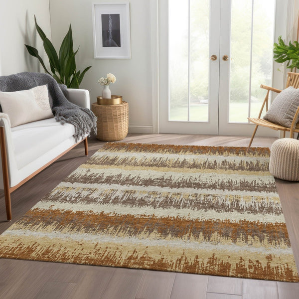 HomeRoots 9' X 12' Stylish Coffee Beige & Copper Striped Area Rug - Washable, UV Protected & Stain Resistant! 679527