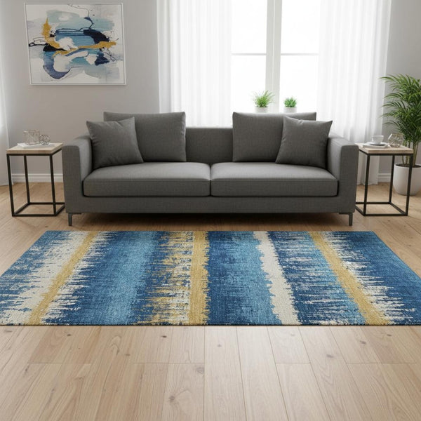 HomeRoots 5' X 8' Navy Blue, Gold & Ivory Striped Area Rug - Washable, Stain-Resistant, UV Protected Design! 679530