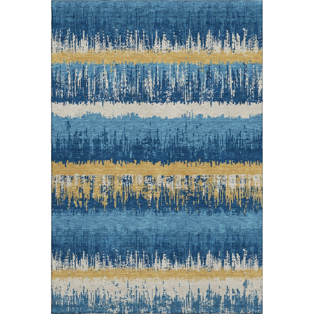 HomeRoots 5' X 8' Navy Blue, Gold & Ivory Striped Area Rug - Washable, Stain-Resistant, UV Protected Design! 679530
