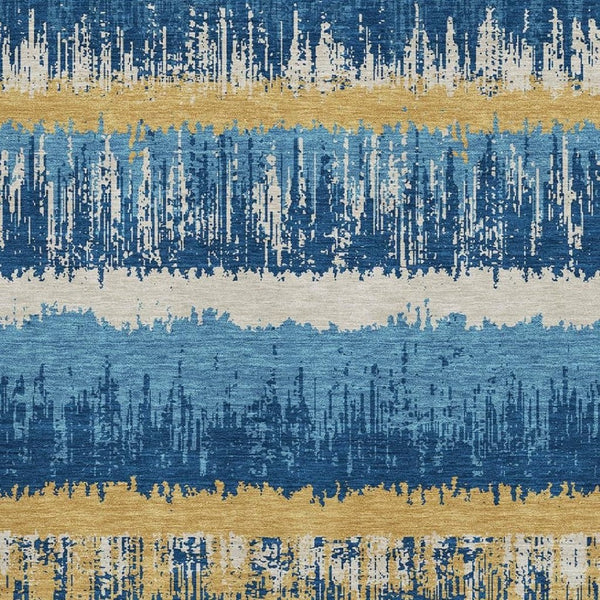 HomeRoots 5' X 8' Navy Blue, Gold & Ivory Striped Area Rug - Washable, Stain-Resistant, UV Protected Design! 679530