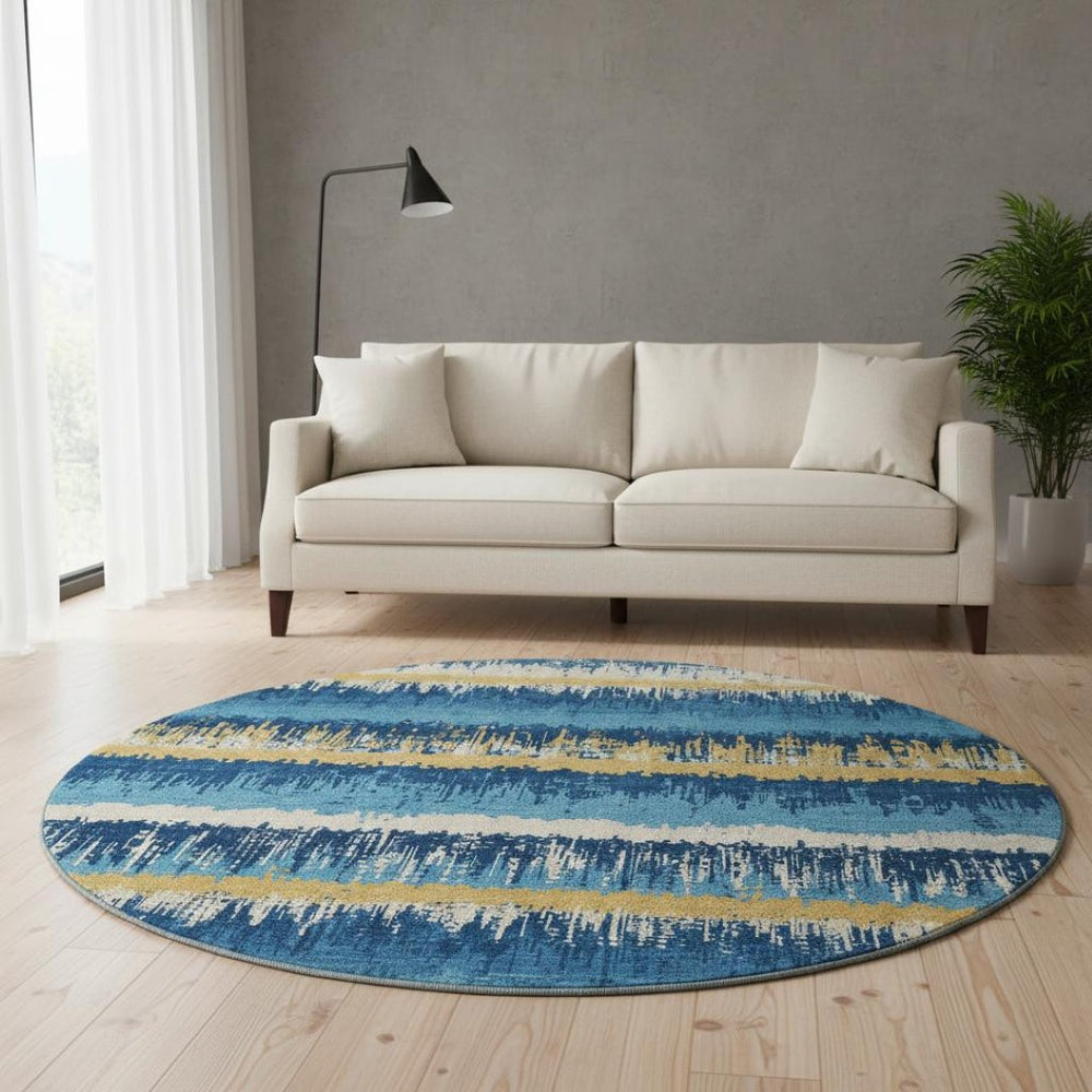 HomeRoots 8' Navy Blue Gold and Ivory Striped Round Rug - Washable, UV-Protected, Stain Resistant for Homes 679531