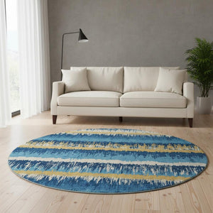 HomeRoots 8' Navy Blue Gold and Ivory Striped Round Rug - Washable, UV-Protected, Stain Resistant for Homes 679531