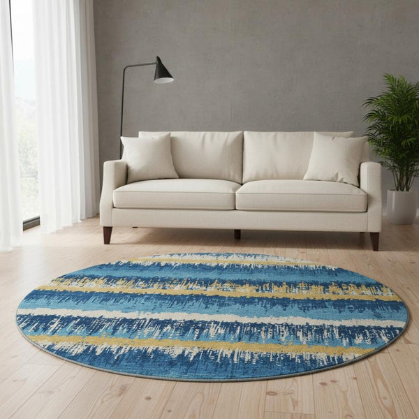 HomeRoots 8' Navy Blue Gold and Ivory Striped Round Rug - Washable, UV-Protected, Stain Resistant for Homes 679531