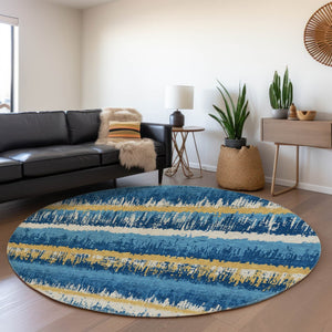 HomeRoots 8' Navy Blue Gold and Ivory Striped Round Rug - Washable, UV-Protected, Stain Resistant for Homes 679531