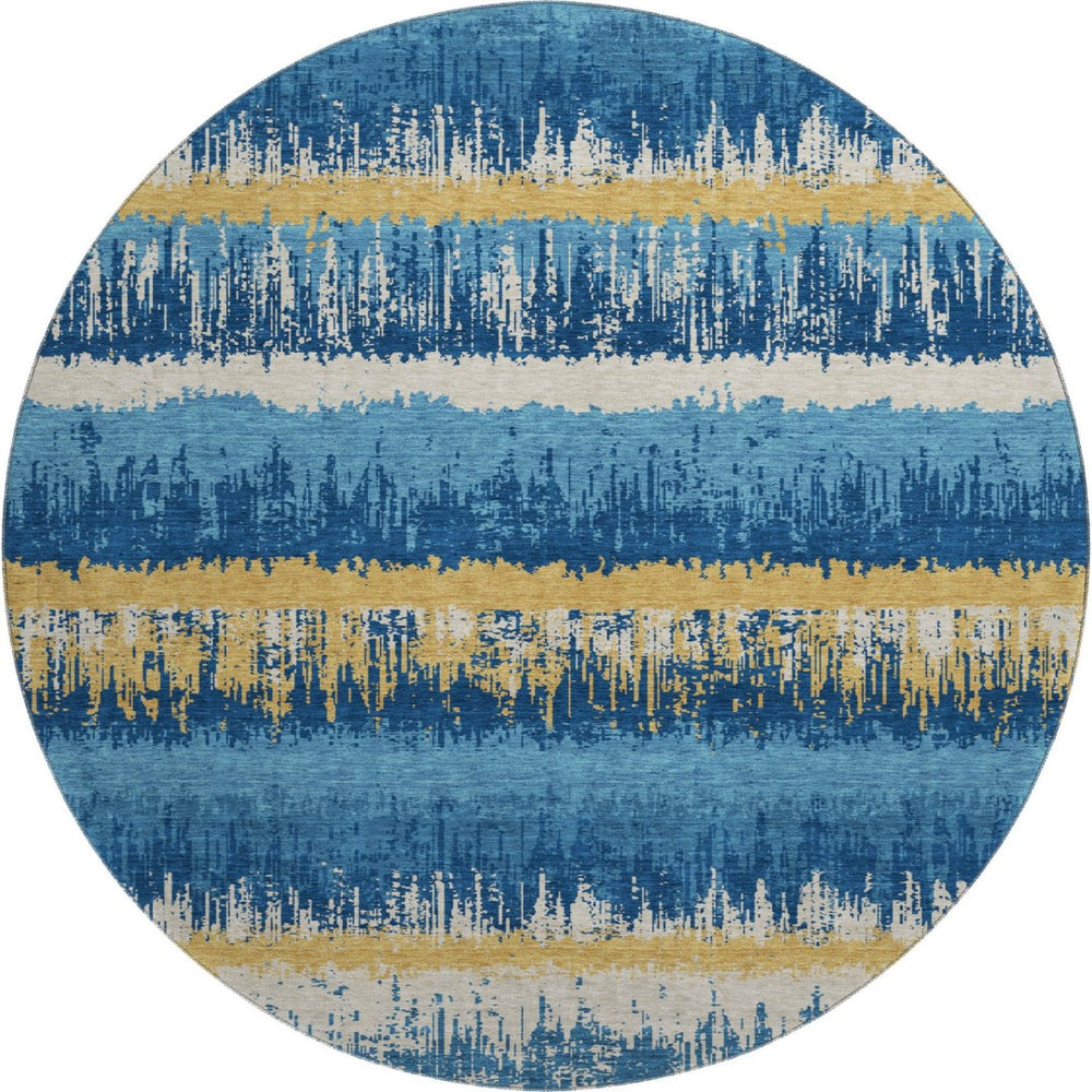 HomeRoots 8' Navy Blue Gold and Ivory Striped Round Rug - Washable, UV-Protected, Stain Resistant for Homes 679531