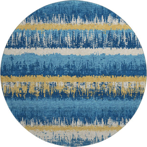 HomeRoots 8' Navy Blue Gold and Ivory Striped Round Rug - Washable, UV-Protected, Stain Resistant for Homes 679531