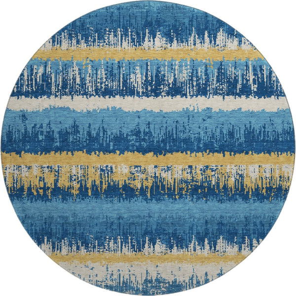 HomeRoots 8' Navy Blue Gold and Ivory Striped Round Rug - Washable, UV-Protected, Stain Resistant for Homes 679531