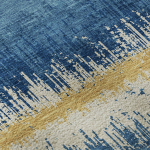 HomeRoots 8' Navy Blue Gold and Ivory Striped Round Rug - Washable, UV-Protected, Stain Resistant for Homes 679531