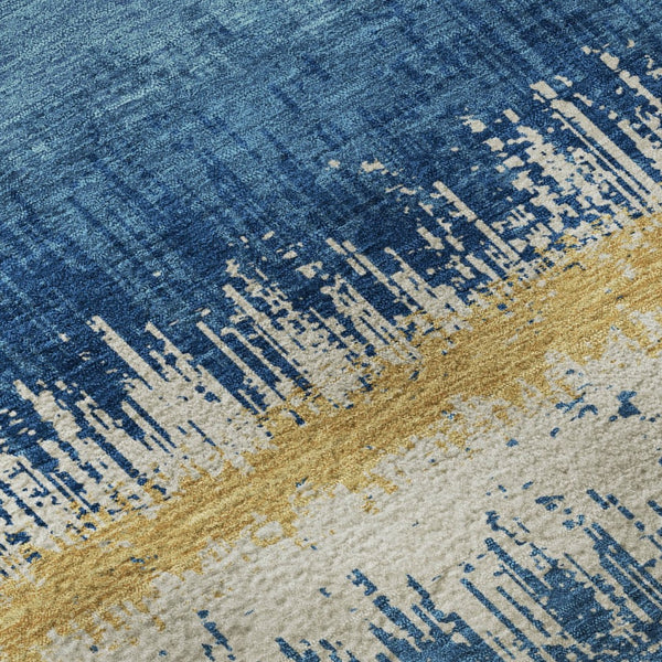 HomeRoots 8' Navy Blue Gold and Ivory Striped Round Rug - Washable, UV-Protected, Stain Resistant for Homes 679531