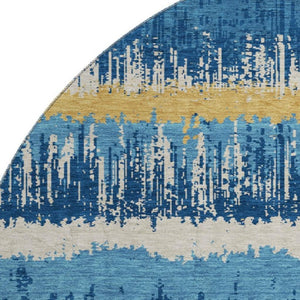 HomeRoots 8' Navy Blue Gold and Ivory Striped Round Rug - Washable, UV-Protected, Stain Resistant for Homes 679531