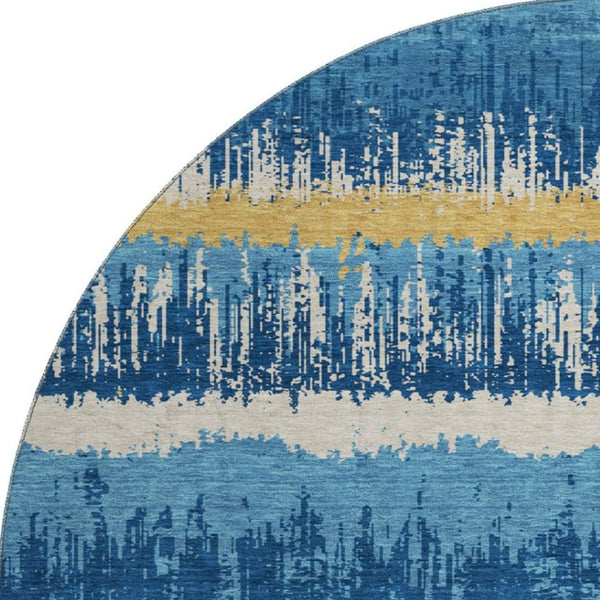 HomeRoots 8' Navy Blue Gold and Ivory Striped Round Rug - Washable, UV-Protected, Stain Resistant for Homes 679531