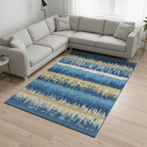 HomeRoots 8' X 10' Washable Area Rug in Navy Blue, Gold & Ivory – Stylish, Durable, UV Protected for Any Space 679532