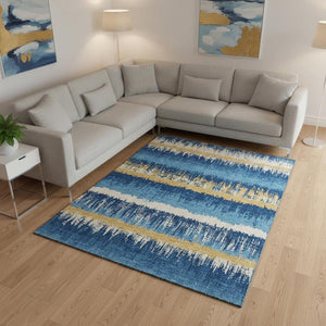 HomeRoots 9' X 12' Navy Blue Gold Ivory Striped Area Rug - Washable, Stain Resistant, UV Protected for Durability 679533