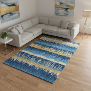 HomeRoots 10' X 14' Navy Blue Gold and Ivory Striped Area Rug - Washable, UV Protected, Kid & Pet Friendly! 679534