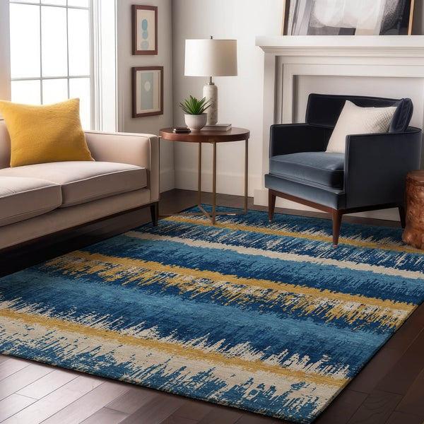 HomeRoots 10' X 14' Navy Blue Gold and Ivory Striped Area Rug - Washable, UV Protected, Kid & Pet Friendly! 679534