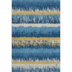 HomeRoots 10' X 14' Navy Blue Gold and Ivory Striped Area Rug - Washable, UV Protected, Kid & Pet Friendly! 679534