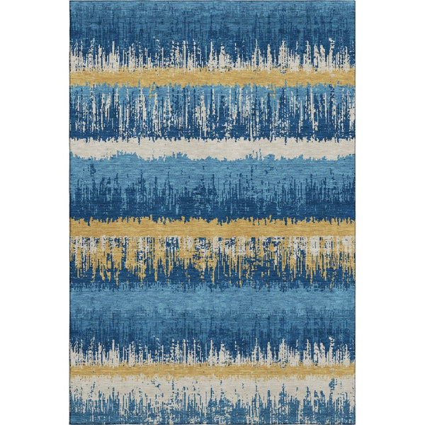 HomeRoots 10' X 14' Navy Blue Gold and Ivory Striped Area Rug - Washable, UV Protected, Kid & Pet Friendly! 679534