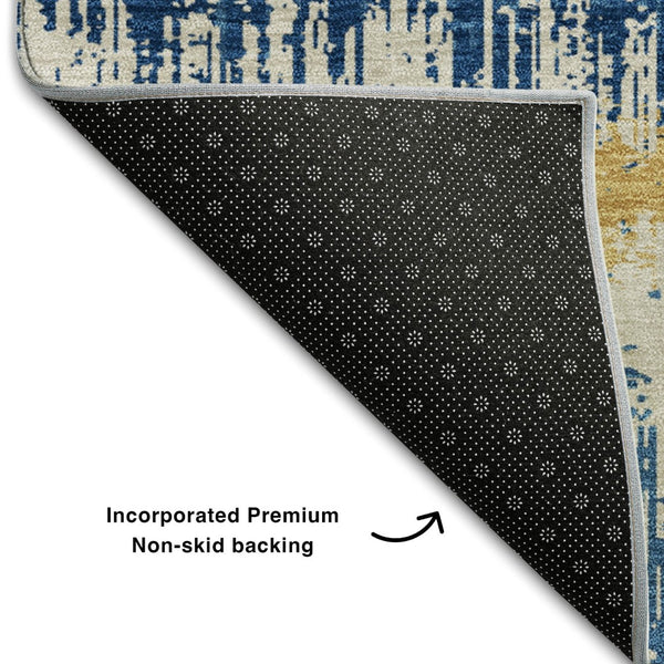 HomeRoots 10' X 14' Navy Blue Gold and Ivory Striped Area Rug - Washable, UV Protected, Kid & Pet Friendly! 679534