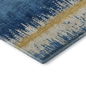 HomeRoots 10' X 14' Navy Blue Gold and Ivory Striped Area Rug - Washable, UV Protected, Kid & Pet Friendly! 679534