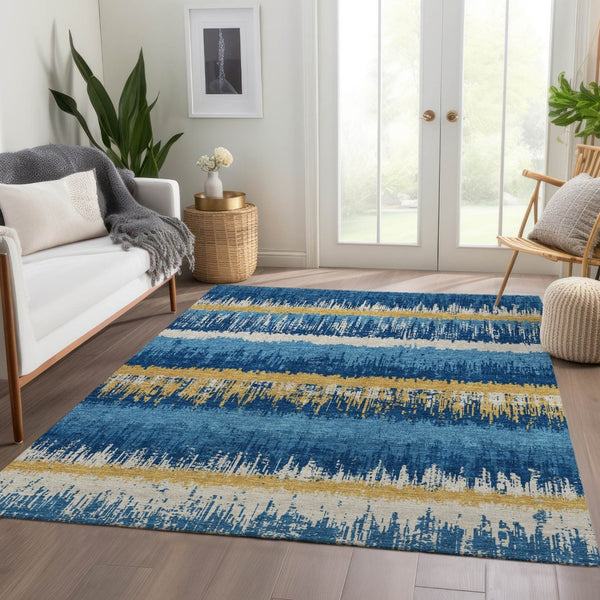 HomeRoots 10' X 14' Navy Blue Gold and Ivory Striped Area Rug - Washable, UV Protected, Kid & Pet Friendly! 679534