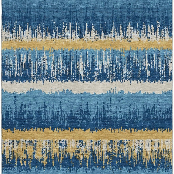 HomeRoots 10' X 14' Navy Blue Gold and Ivory Striped Area Rug - Washable, UV Protected, Kid & Pet Friendly! 679534