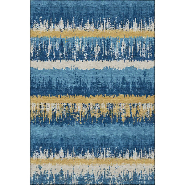 HomeRoots 10' X 14' Navy Blue Gold and Ivory Striped Area Rug - Washable, UV Protected, Kid & Pet Friendly! 679534