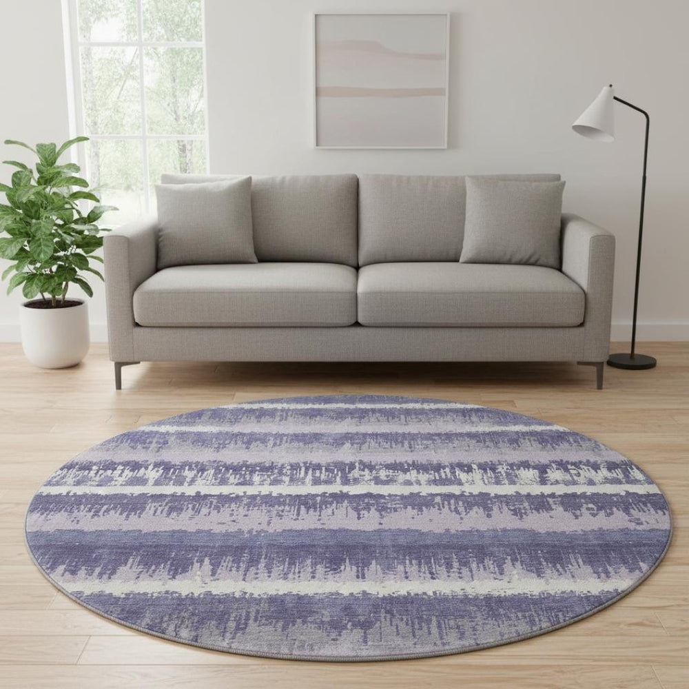 HomeRoots 8' Purple And Ivory Striped Washable Round Rug with UV Protection for High-Traffic Areas & Kids 679537