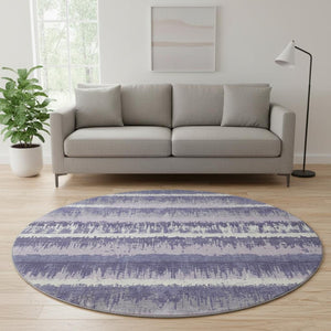 HomeRoots 8' Purple And Ivory Striped Washable Round Rug with UV Protection for High-Traffic Areas & Kids 679537