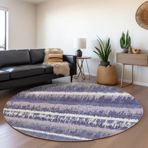 HomeRoots 8' Purple And Ivory Striped Washable Round Rug with UV Protection for High-Traffic Areas & Kids 679537