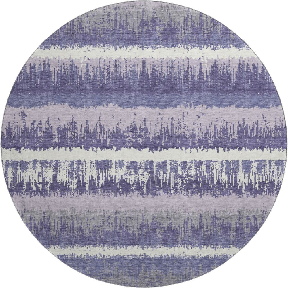 HomeRoots 8' Purple And Ivory Striped Washable Round Rug with UV Protection for High-Traffic Areas & Kids 679537