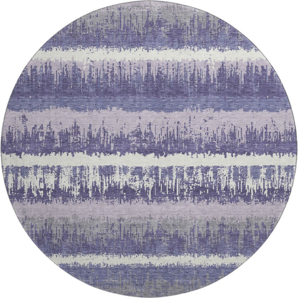 HomeRoots 8' Purple And Ivory Striped Washable Round Rug with UV Protection for High-Traffic Areas & Kids 679537